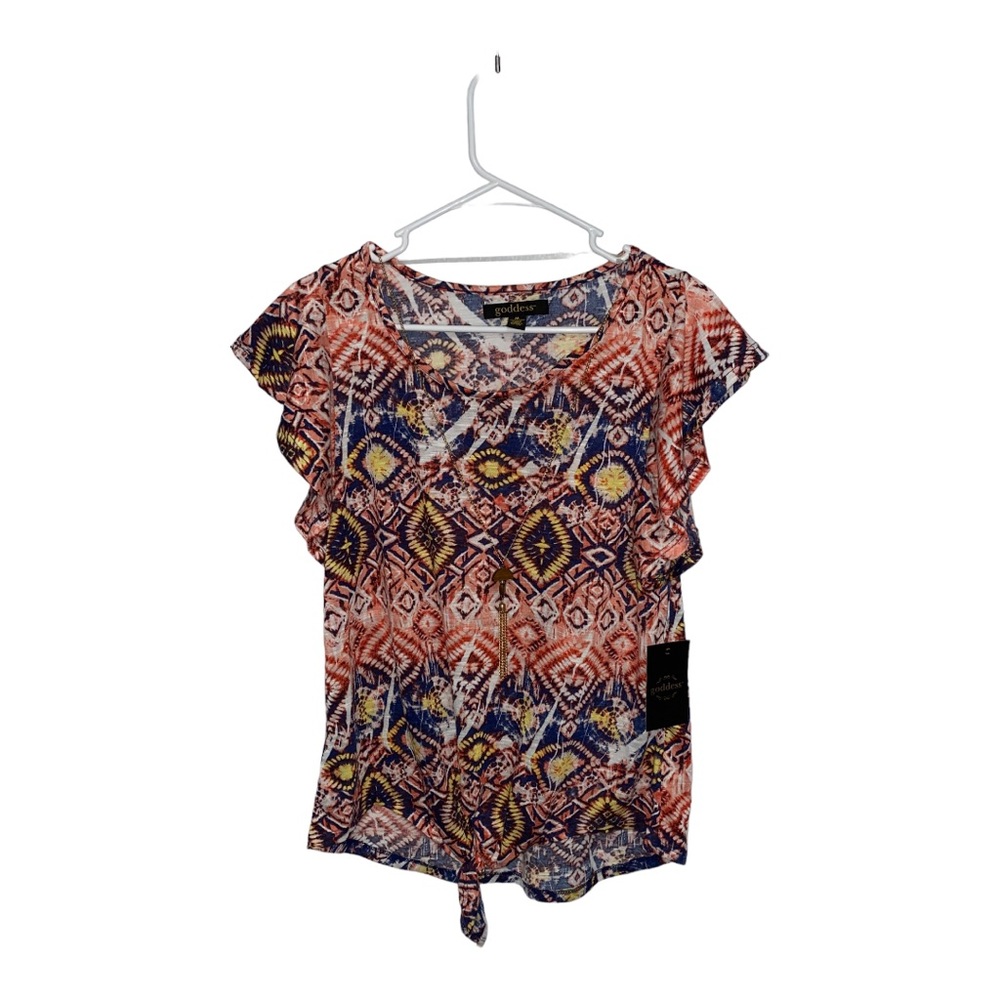 Goddess Tie Dye Abstract Print Flutter Sleeve Tie Front Top | Necklace | Size M